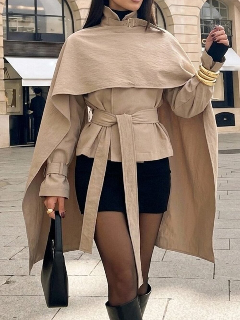Khaki Elegant Women's Loose High Neck Cloak Sleeve Shacket Jacket